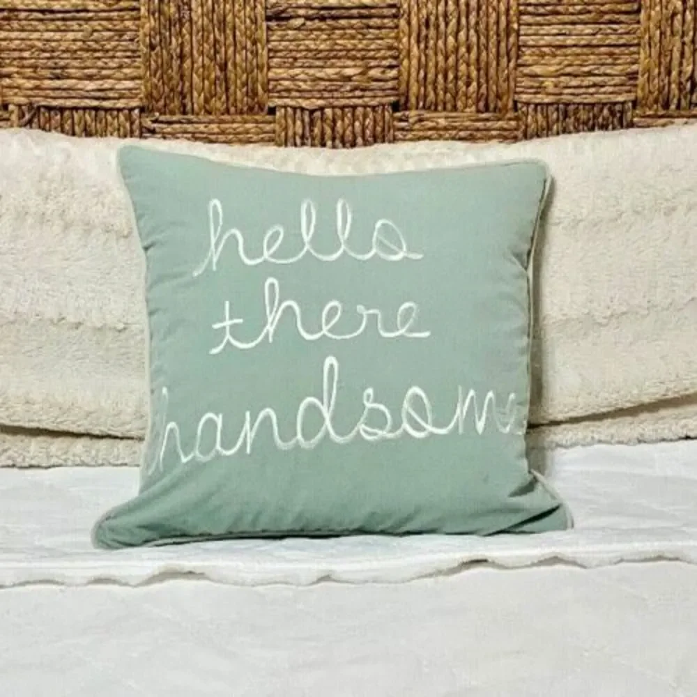 NEW Textured Velvet Pillow Cover Hello There Handsome 17x17 Blue Embroidered